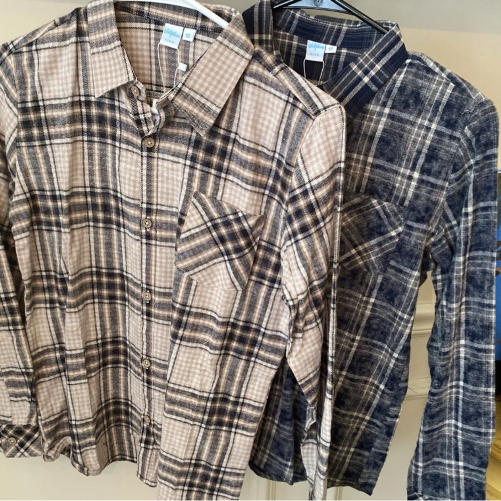 Plaid Button Down Kids Shirt - Blue and Tan Size 12 NWT